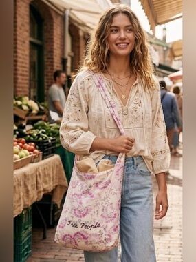 Free People FP Reusable M Tote Crossbody Shoulder Pink/Cream Gauze Boho Bag